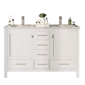London 48 in. x 18 in. Bath Vanity in White with Carrara marble Top in White with White Porcelain Sinks