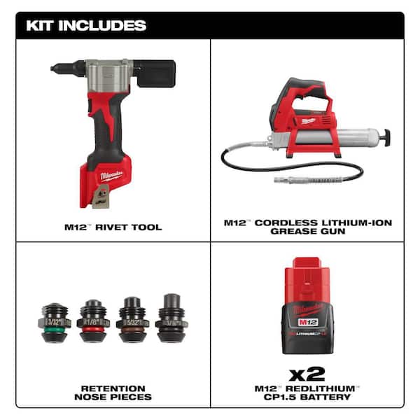 M12 12-Volt Lithium-Ion Cordless Rivet Tool Kit W/M12 Grease Gun