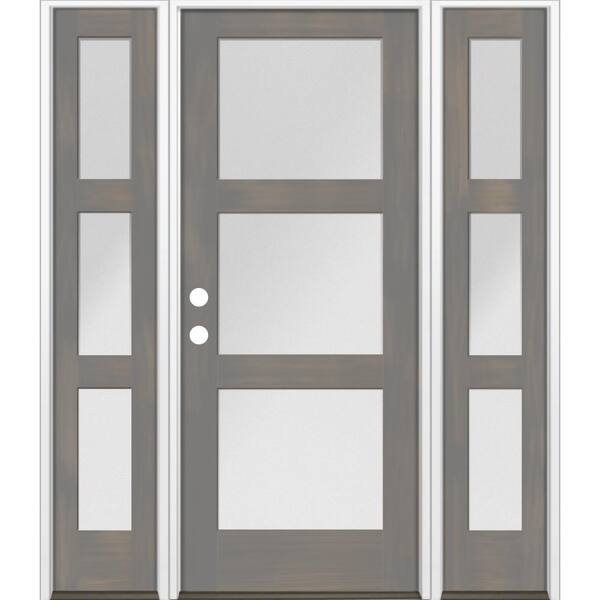 Krosswood Doors 64 in. x 80 in. Modern Hemlock 3-Lite Right-Hand/Inswing Frosted Glass Grey Stain Wood Prehung Front Door w/ DSL