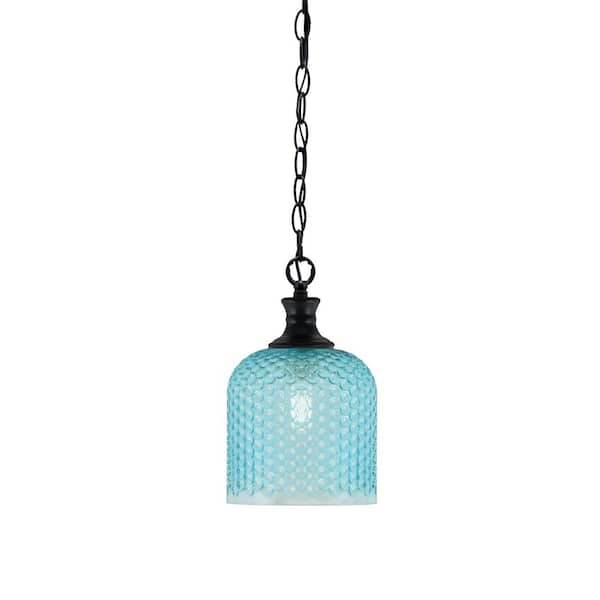 Unbranded Tyler 60-Watt 1-Light Matte Black Chain Mini Pendant Light with Turquoise Textured Glass Shade