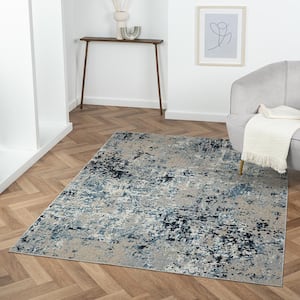 Lara Ensign Cerulean Blue/Gray 5 ft. x 7 ft. Modern Distressed Abstract Machine-Washable Area Rug