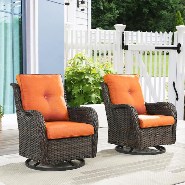 ArcoBay Metal and Brown Wicker Outdoor Rocking Chair Patio Swivel Chairs with Olefin Orange Cushions (2-Pack)