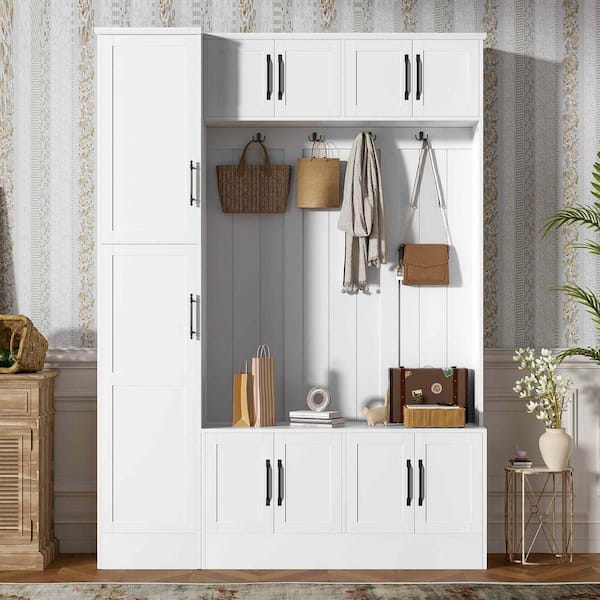 White MDF Wood Hall Tree with Shoe Storage Shoe Storage, 6-Cabinets, 4-Coat Hooks and Adjustable Shelf