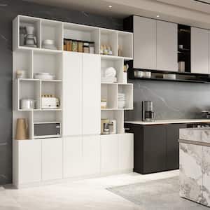 White Wood Storage Cabinet Combination Kitchen Sideboard Pantry With Door Cabinets, Open Shelves