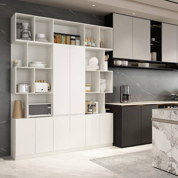 FUFU&GAGA White Wood Storage Cabinet Combination Kitchen Sideboard Pantry With Door Cabinets, Open Shelves