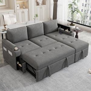 83.5 in. Gray Chenille Full Size L-shaped Sofa Bed with Ample Storage Space