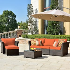 Rimaru 6-Piece Wicker Outdoor Patio Conversation Seating Set with Orange Red Cushions