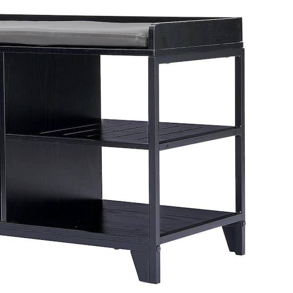 Black Entryway Bench Shoe Storage Cabinet with Removable Seat Cushion Ottoman