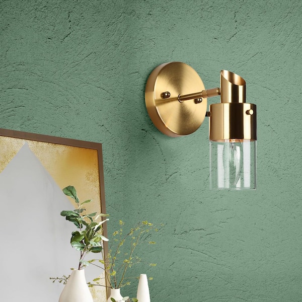 Modern Transitional 4.7 in. 1-Light Brass Gold Indoor Wall Sconce, Adjustable Bathroom Vanity Light with Glass Shade
