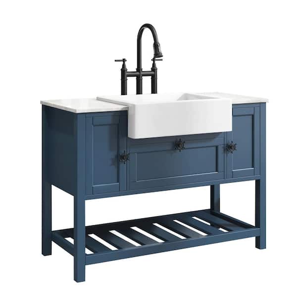 Interbath 48 in. W x 20 in. D Bathroom Vanity in Blue Oak with Top in White with White Farmhouse Basin and Faucet