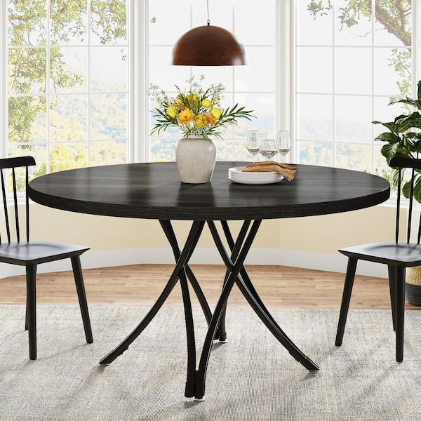 BYBLIGHT Roesler Black Wood 47.24 in. W. 4 Legs Round Dining Table Kitchen Dinner Table Seats 6 for Dining Room