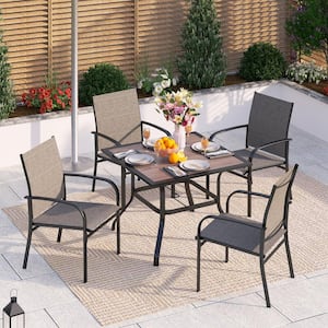 Black 5-Piece Metal Wood-Look Square Table Outdoor Patio Dining Set with Brown Textilene Chairs