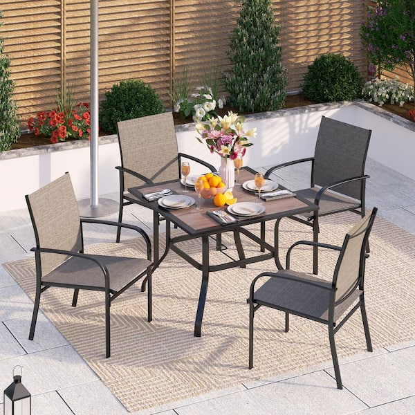 PHI VILLA Black 5-Piece Metal Wood-Look Square Table Outdoor Patio Dining Set with Brown Textilene Chairs