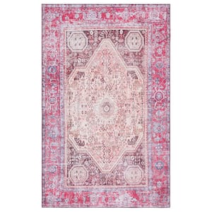 Tuscon Beige/Red 4 ft. x 6 ft. Machine Washable Distressed Border Area Rug