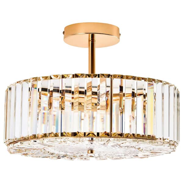 Merra 15 in. 4-Light Gold Crystal Semi Flush Mount Ceiling Light With Clear Glass Shade