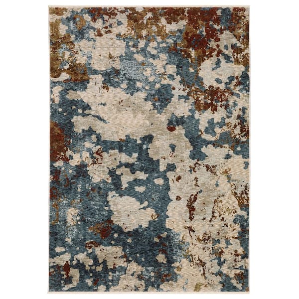 7 ft. x 10 ft. Beige Rust And Teal Abstract Distressed with Fringe Area Rug