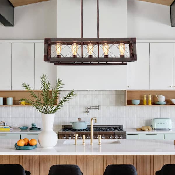 5-Light Red Industrial Rectangular Hanging Linear Island Chandelier Lighting for Kitchen Island