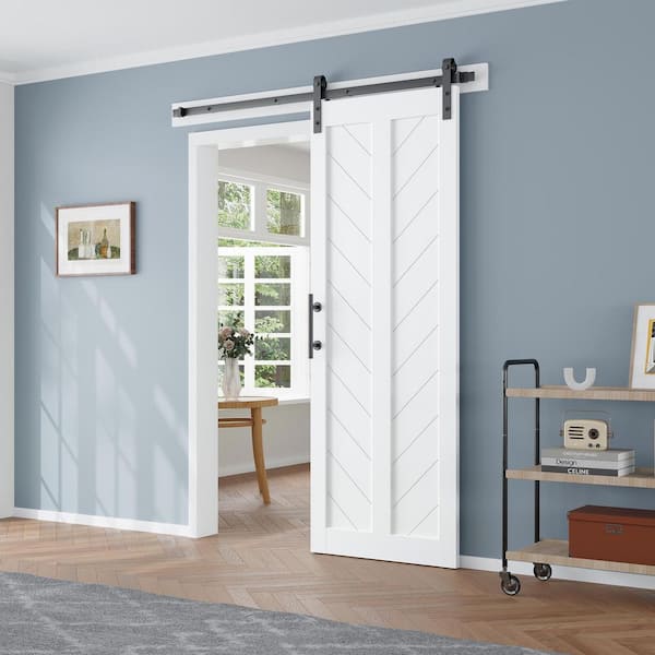 32 in. x 84 in. V-Shape Solid MDF Panel White Finished Herringbone Sliding Barn Door with Hardware Kit
