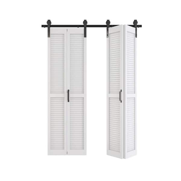 TENONER 48 in. x 84 in. White, Finished, MDF, Bi-Fold Style, Need to Assemble, Louvered Sliding Barn Door with Hardware Kit