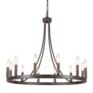 Loene 12-Light Antique Brown Farmhouse Candle Style Dimmable Wagon Wheel Chandelier for Living Room Kitchen Island