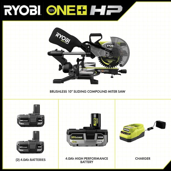 ONE+ HP 18V Brushless Cordless 10 in. Sliding Compound Miter Saw Kit with (3) 4.0 Ah Batteries and Charger