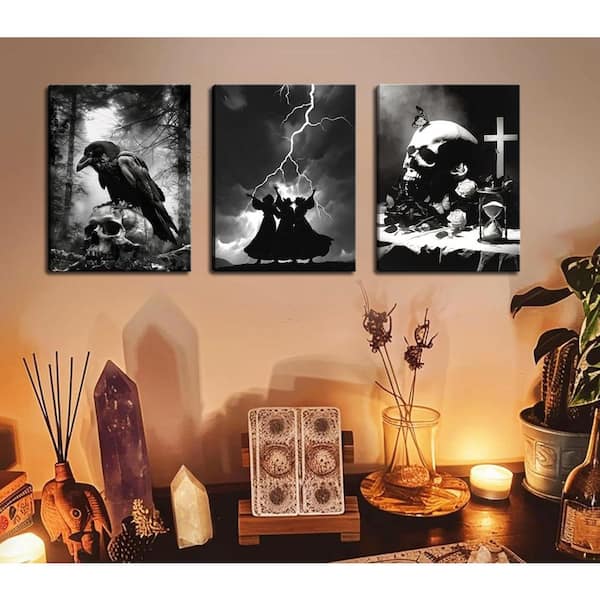 Framed 3 Piece Gothic Canvas Art Set, Crow and Skull Halloween