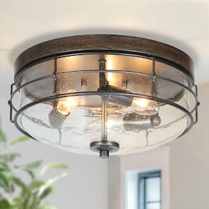 Modern Farmhouse 3-Light Black Flush Mount Light Foyer Drum Ceiling Light with Clear Seeded Glass Shade and Cage Frame