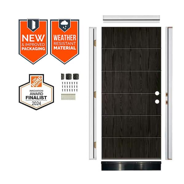 Krosswood Doors DIY 36 in. x 79 in. Left-Hand 6-Grid Solid Panel Baby Grand Stain Fiberglass Front Door Kit w/ Quick Assemble Jamb