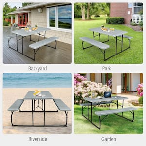 Grey Metal Indoor and Outdoor Folding Picnic Table with Bench Seat Heavy-Duty Portable Camping Table Set