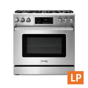 Tilt Panel 36 in. 6 Burners Freestanding Gas Range with self-cleaning air fry convection oven in. Stainless Steel in LP