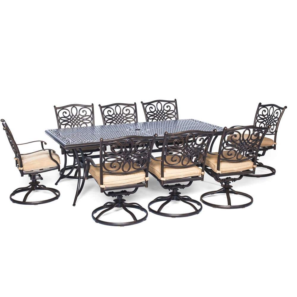 Bronze Aluminum 9-Piece Outdoor Dining Set with Natural Cushions