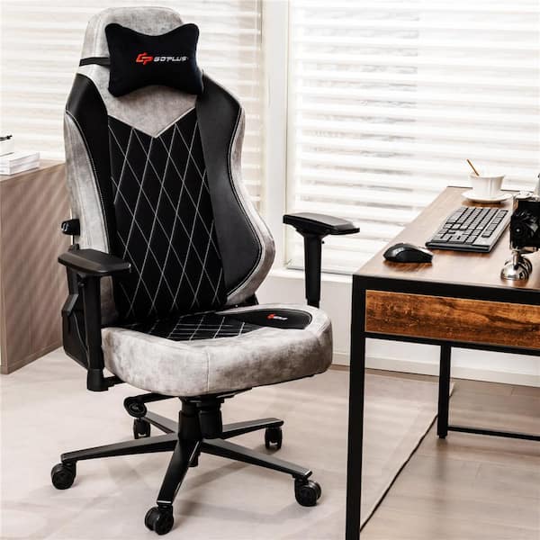 Costway Faux Leather Swivel Adjustable Height Ergonomic Gaming Chair in Grey with Adjustable 4D Armrest Computer Reclining