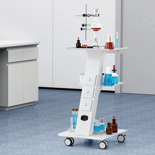Utility Cart，Lab Trolley, Rolling Lab Cart with Built-in Socket, 3-Layer Tray Cart Kitchen Cart, Silver