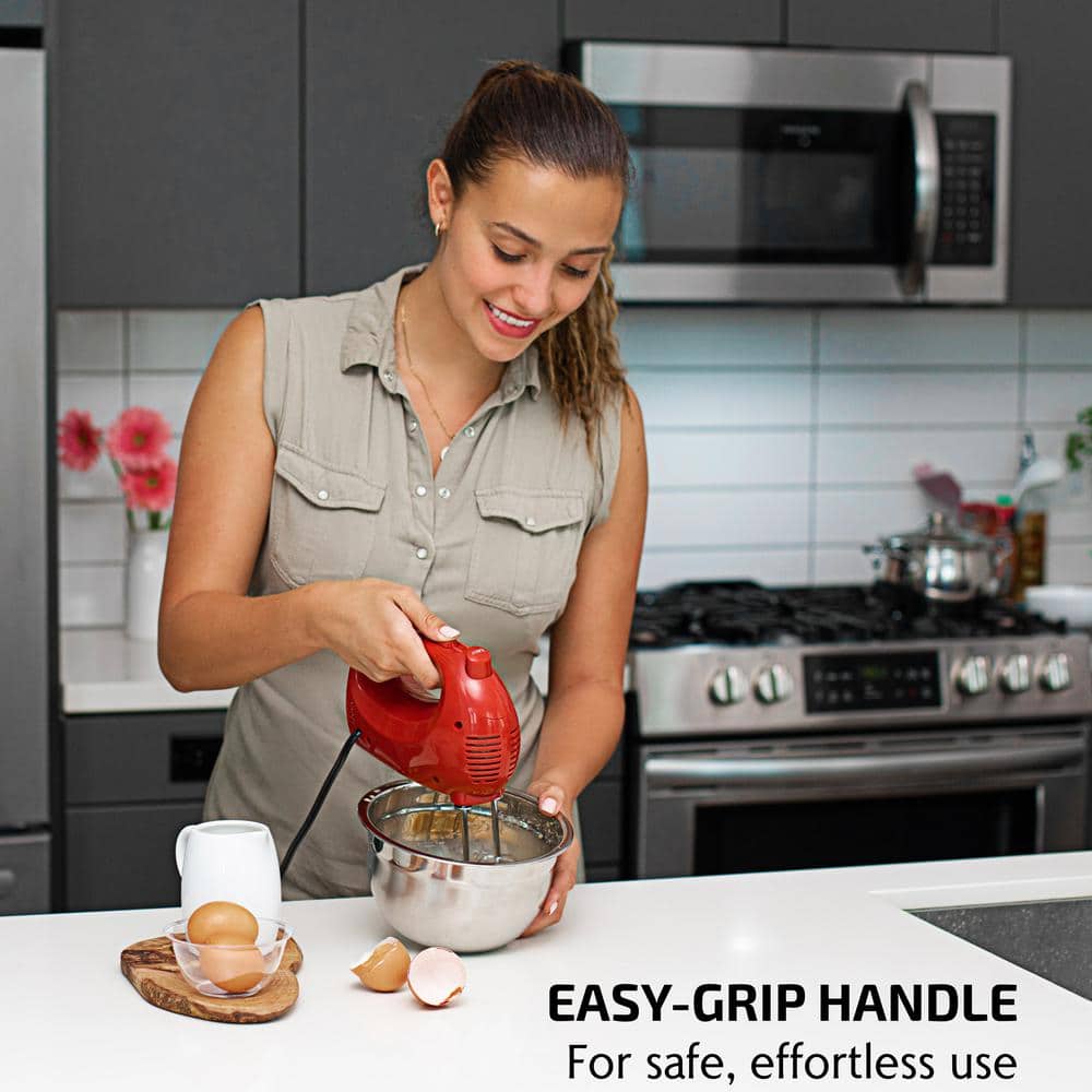Compact Red Stainless Steel 5-Speed Hand Mixer with Storage Case
