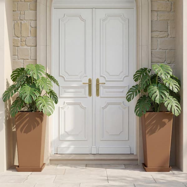 TUYOHW 24 Inch Square Tall Plastic Planters-Brown Outdoor/Indoor Garden  Pots (Set of 2) RW-WXX-HP-197