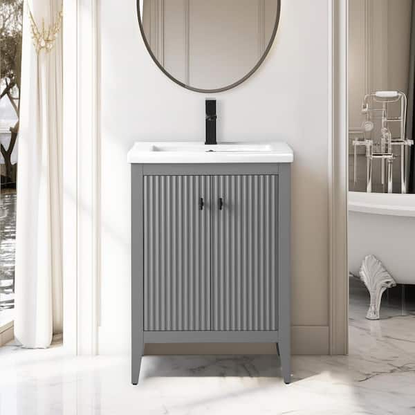 24 in. W x 18.5 in D x 34 in. H Single Sink Bathroom Vanity Cabinet in Linear Gray with Ceramic Top