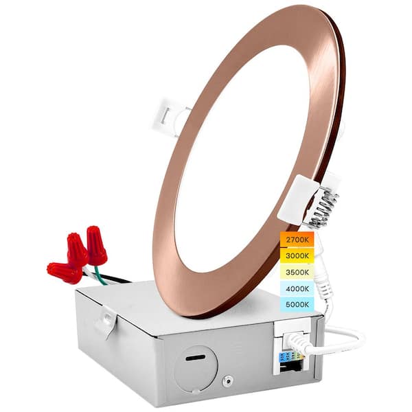 LUXRITE 6 in. Ultra Thin Canless 12W 5 Color Options 1000 Lumens Remodel Integrated LED Recessed Light Kit J-Box Copper