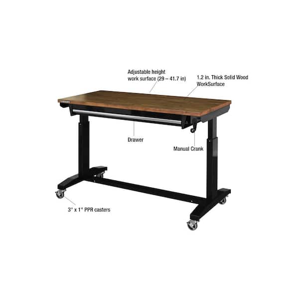52 in. W x 24 in. D 1-Drawer Adjustable Height Gloss Black Workbench with Dark Stained Wood Top