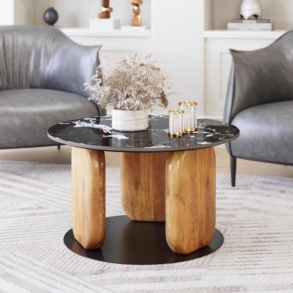 Pemba Round Black Marble Top Coffee Table with Mango Wood Legs