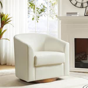 Meroy 30.5 in. Wide White Modern Swivel Barrel Faux Leather Chair with Solid Wood Base