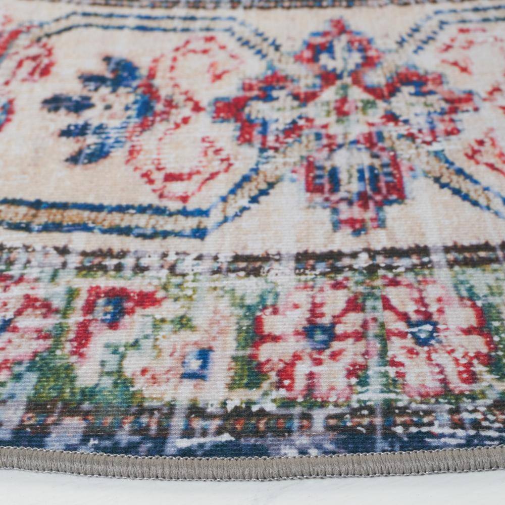 Navy and Beige Round Hand-Knotted Washable Area Rug