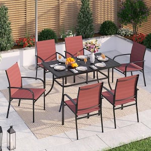 Black 7-Piece Metal Rectangle Table Outdoor Patio Dining Set with Red Textilene Chairs