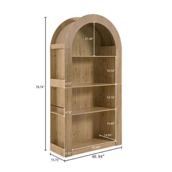 Ashbel Mid-Century Modern 78.74 in. Tall Natural Wood 4-Shelf Arched Accent Bookcase with Open Storage
