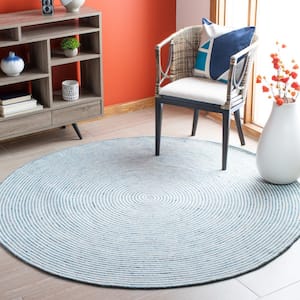 Braided Blue Ivory 5 ft. x 5 ft. Abstract Striped Round Area Rug