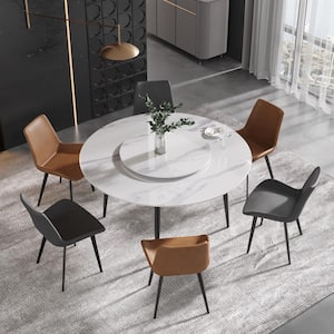 59.05 in. Modern Round White Lazy Susan Rotary Sintered Stone Dining Table with Black Carbon Steel Legs (Seat 8)