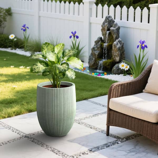 17in. Large Greyish Green Concrete Round Fluted Planter Pot Barrel-Style Plant Pot with Drainage Holes,Upgraded Interior