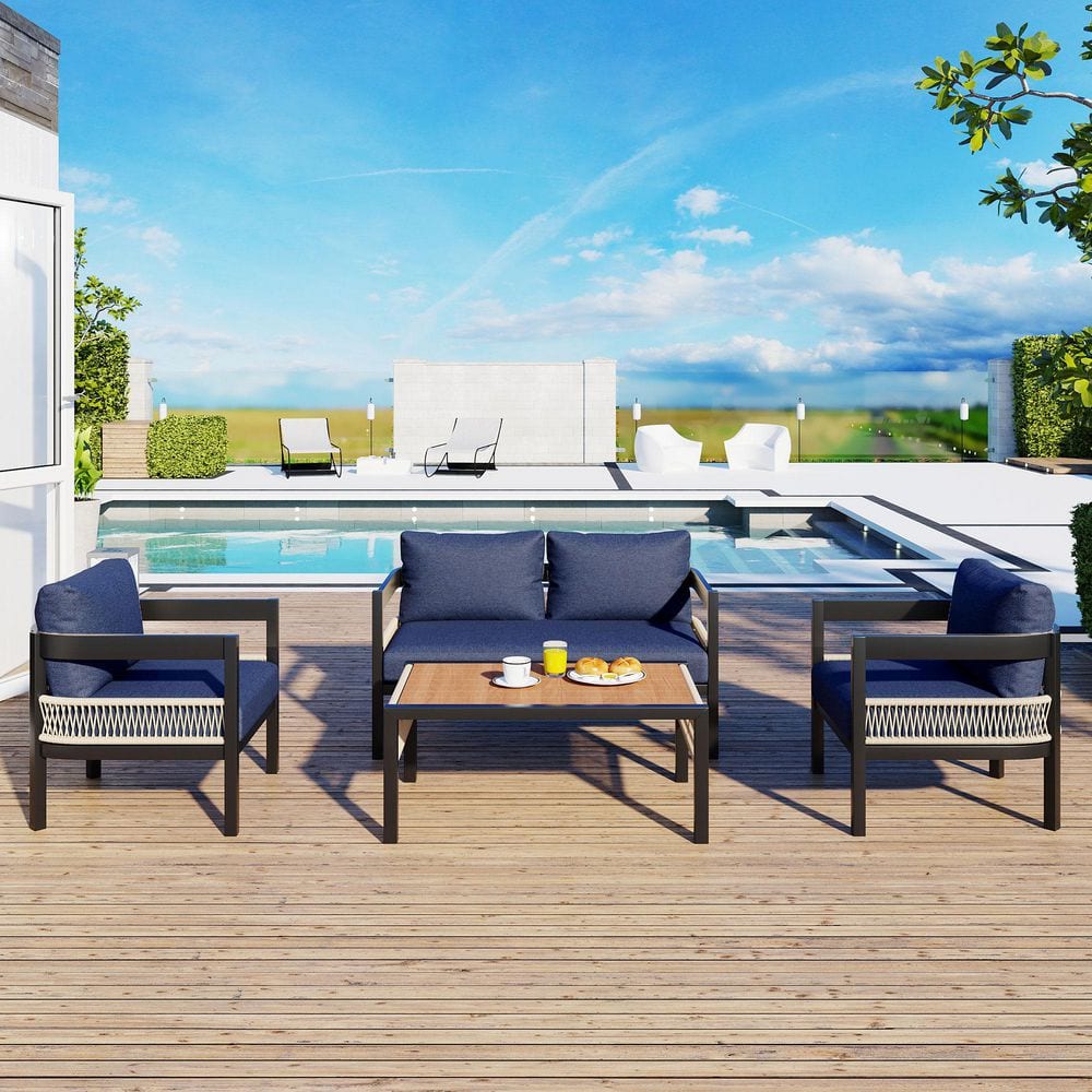 4-Piece Metal Multi-Person Patio Conversation Set with Dark Blue Cushion