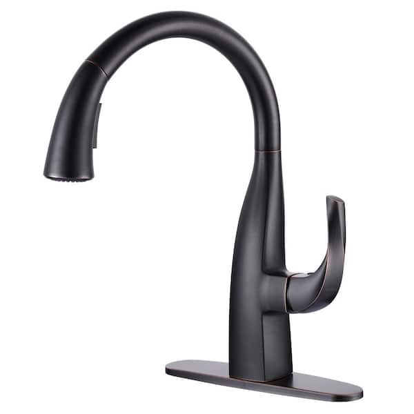 WOWOW Single Handle Gooseneck Pull Down Sprayer Kitchen Faucet with Deck Mount in Oil Rubbed Bronze