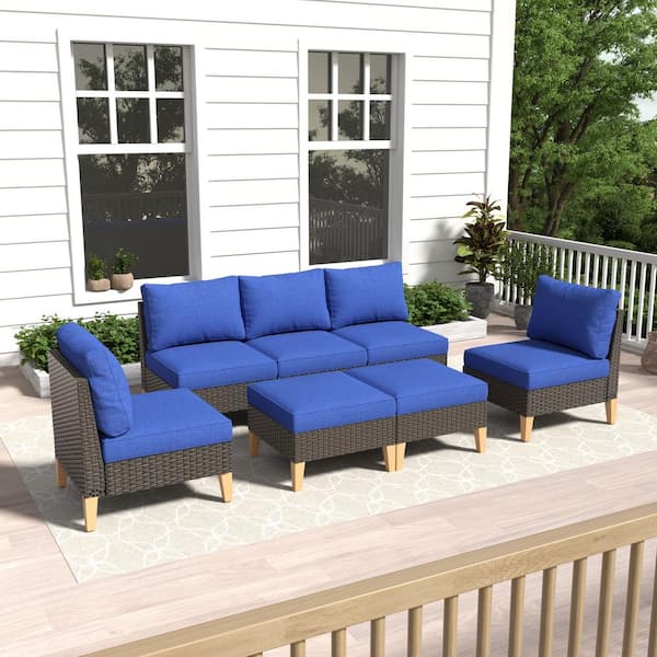 Gymojoy Chic Relax Brown 7-Piece Wicker Outdoor Sectional with Blue Cushions