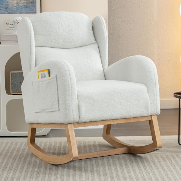38 in. Ivory Teddy Fabric Rocking Chair with Wood Legs, Modern Tufted Back for Living Room and Bedroom